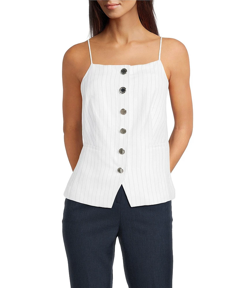 Calvin Klein Striped Linen Blend Square Neck Sleeveless Top