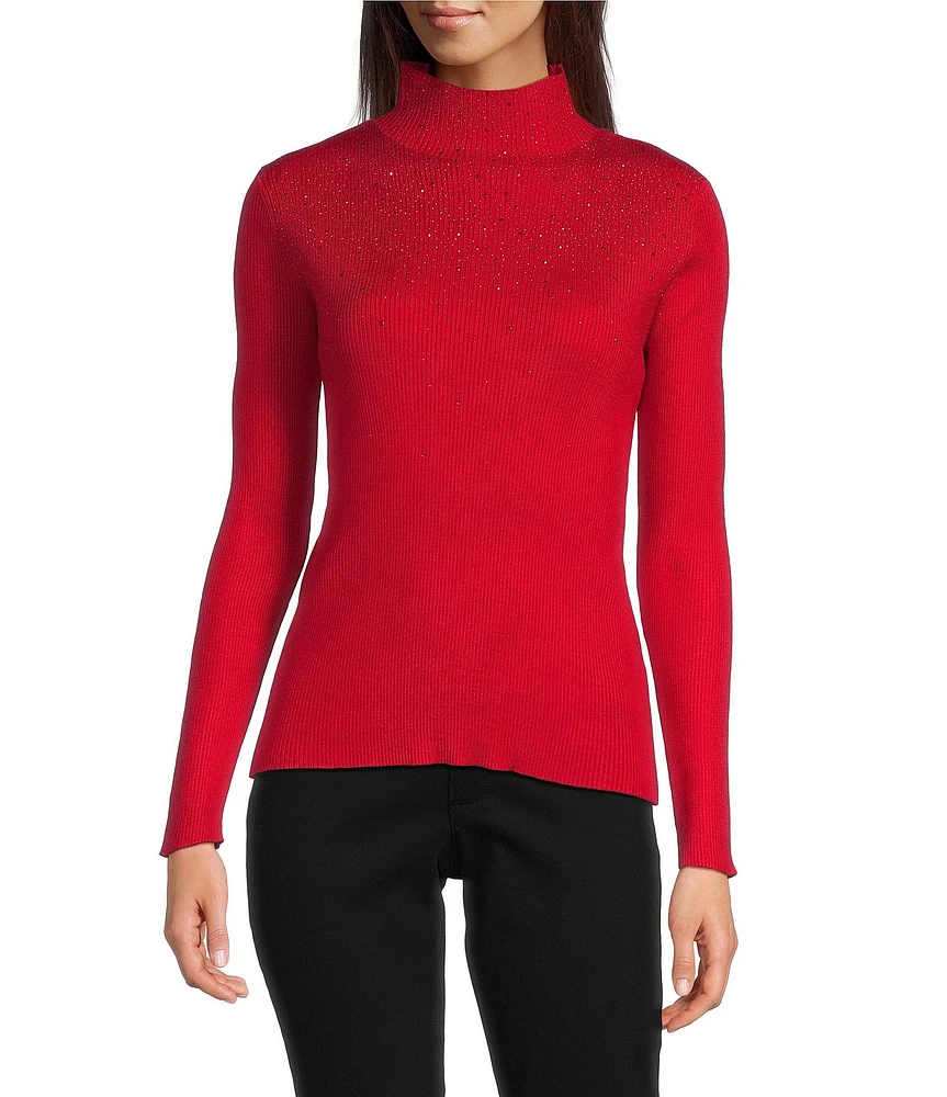 Calvin Klein Studded Mock Neck Long Sleeve Knit Top