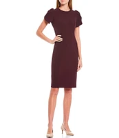 Calvin Klein Crew Neck Short Tulip Sleeve Solid Sheath Stretch Dress