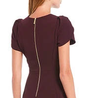 Calvin Klein Crew Neck Short Tulip Sleeve Solid Sheath Stretch Dress