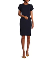 Calvin Klein Crew Neck Short Tulip Sleeve Solid Sheath Stretch Dress