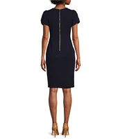 Calvin Klein Crew Neck Short Tulip Sleeve Solid Sheath Stretch Dress