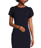 Calvin Klein Crew Neck Short Tulip Sleeve Solid Sheath Stretch Dress