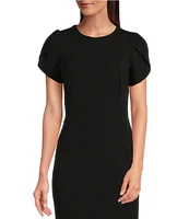 Calvin Klein Crew Neck Short Tulip Sleeve Solid Sheath Stretch Dress