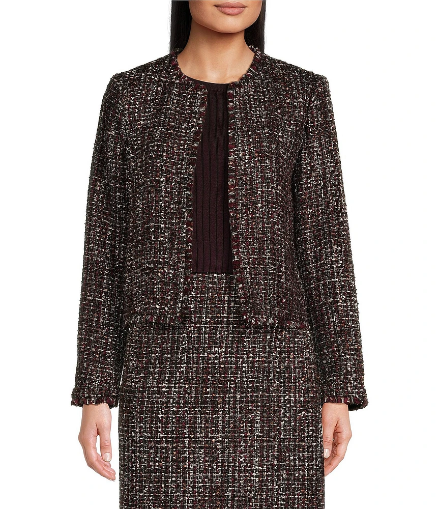 Calvin Klein Tweed Open Front Round Neck Coordinating Cropped Jacket