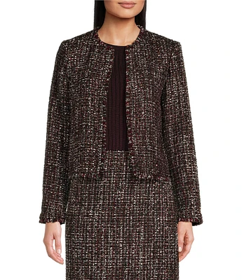 Calvin Klein Tweed Open Front Round Neck Coordinating Cropped Jacket