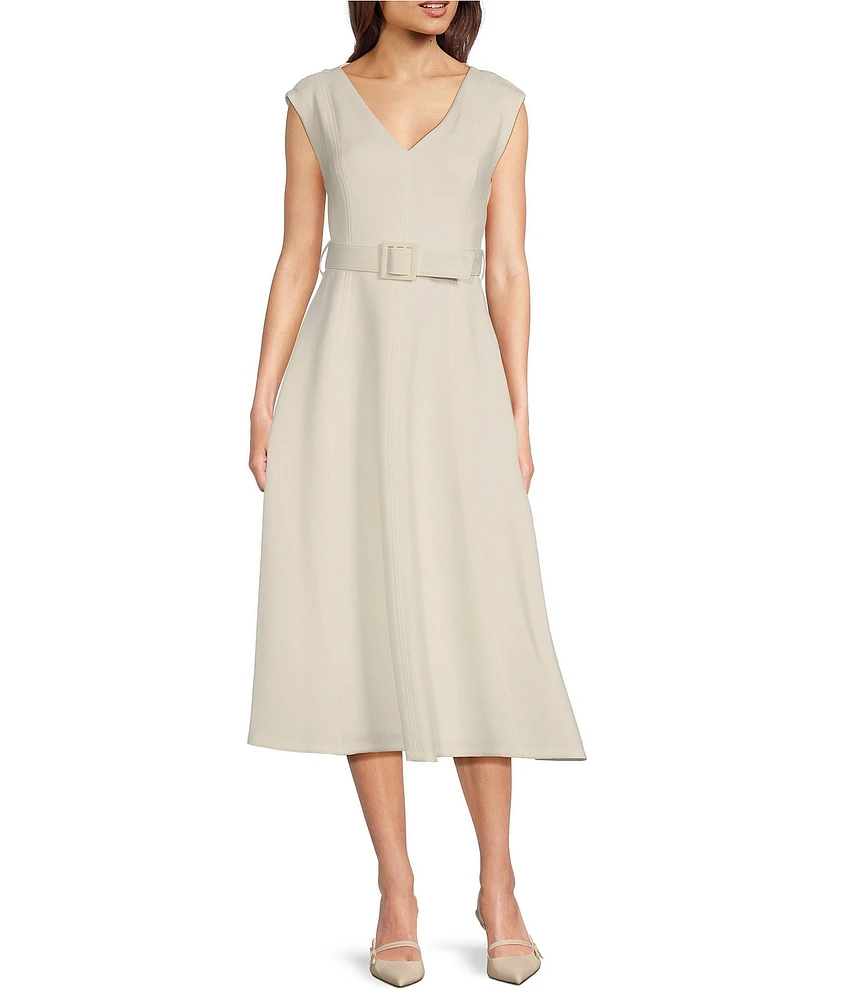 Calvin Klein V-Neck Fit and Flare Belted Scuba Dress
