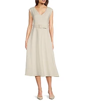 Calvin Klein V-Neck Fit and Flare Belted Scuba Dress