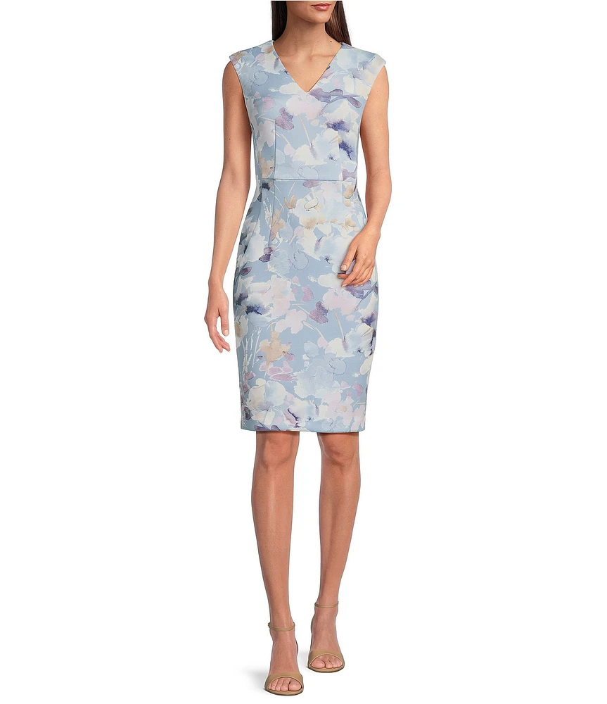 Calvin Klein V-Neck Floral Print Scuba Sheath Dress