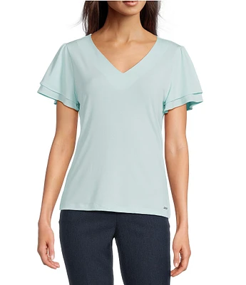 Calvin Klein V-Neck Flutter Short Sleeve Top