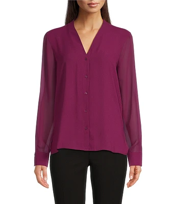 Calvin Klein V-Neck Long Sleeve Button Front Blouse