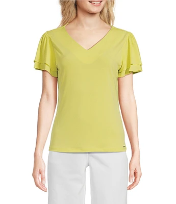 Calvin Klein V-Neck Short Double Tier Sleeve Top