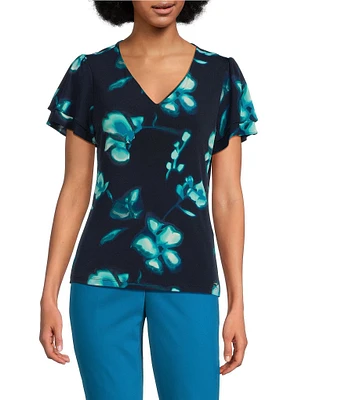 Calvin Klein V-Neck Short Sleeve Stretch Print Knit Top