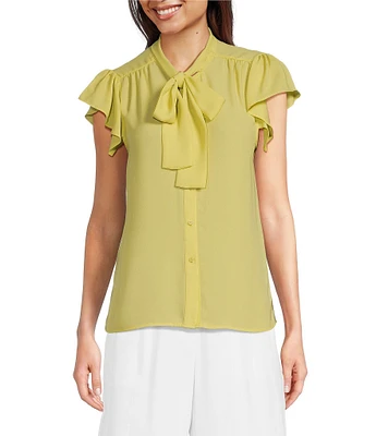 Calvin Klein Woven Ruffle Cap Sleeve Tie Neck Blouse