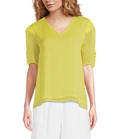 Calvin Klein Woven V-Neck Short Sleeve Button Detail Top