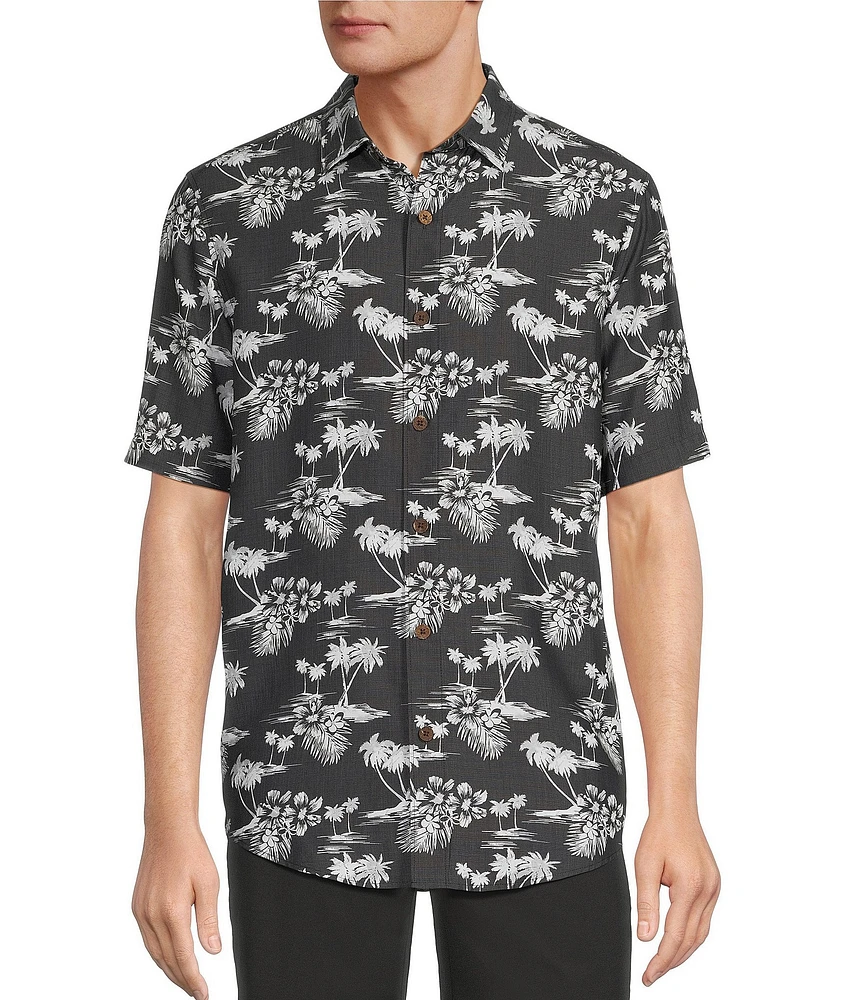 Caribbean Big & Tall Palm Print Short Sleeve Woven Shirt