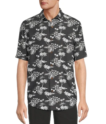 Caribbean Big & Tall Palm Print Short Sleeve Woven Shirt