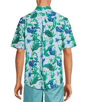 Caribbean Big & Tall Performance Stretch Pastel Tropical Hibiscus Printed Short Sleeve Woven Shirt