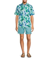 Caribbean Big & Tall Performance Stretch Pastel Tropical Hibiscus Printed Short Sleeve Woven Shirt