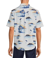 Caribbean Big & Tall Performance Stretch Tropical Sunset Palm Print Short Sleeve Woven Shirt