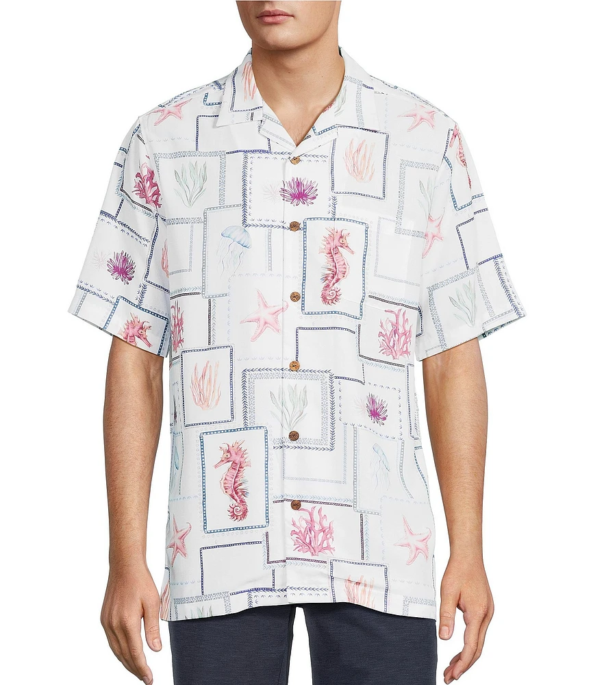 Caribbean Big & Tall Sealife Tile Print Short Sleeve Woven Camp Shirt