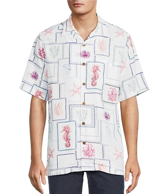 Caribbean Big & Tall Sealife Tile Print Short Sleeve Woven Camp Shirt