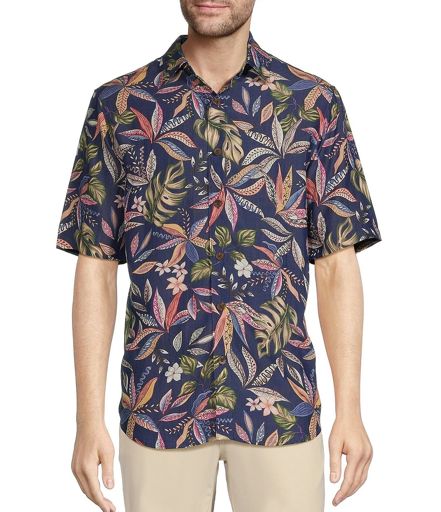 Caribbean Big & Tall Tropical Floral Print Short Sleeve Woven Shirt