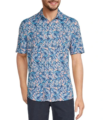 Caribbean Big & Tall Watercolor Leaf Print Performance Stretch Short Sleeve Woven Shirt
