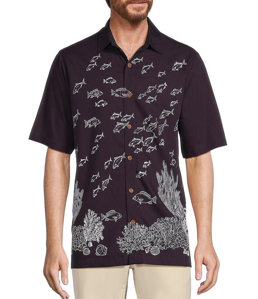 Caribbean Coral Fish Print Short Sleeve Woven Shirt