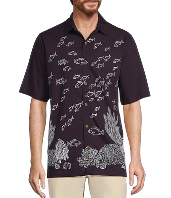 Caribbean Coral Fish Print Short Sleeve Woven Shirt