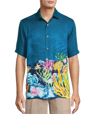 Caribbean Coral Reef Print Short Sleeve Woven Shirt