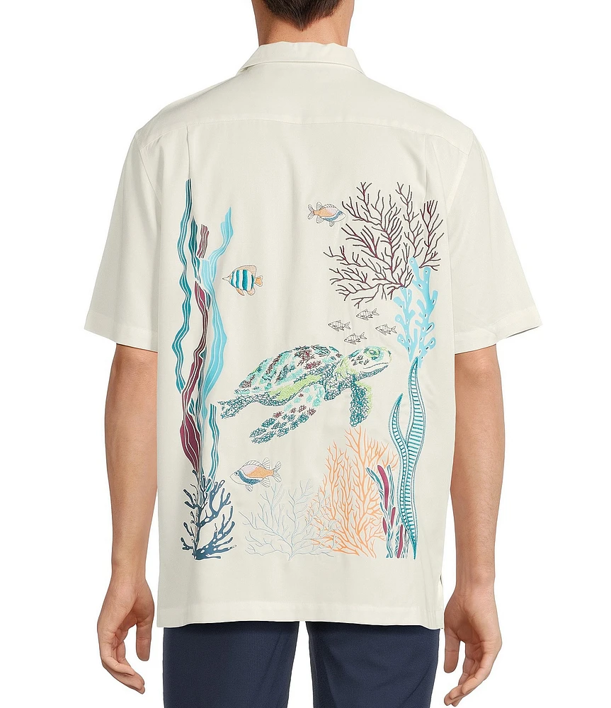 Caribbean Coral Reef Turtle Print Embroidery Short Sleeve Woven Camp Shirt