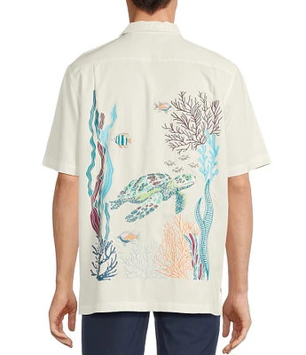 Caribbean Coral Reef Turtle Print Embroidery Short Sleeve Woven Camp Shirt