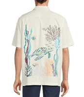 Caribbean Coral Reef Turtle Print Embroidery Short Sleeve Woven Camp Shirt