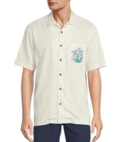 Caribbean Coral Reef Turtle Print Embroidery Short Sleeve Woven Camp Shirt