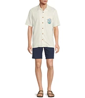 Caribbean Coral Reef Turtle Print Embroidery Short Sleeve Woven Camp Shirt