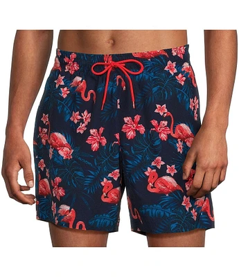 Caribbean Flamingo Floral 6#double; Swim Trunks