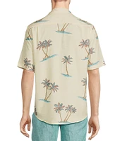 Caribbean Island Palm Print Short Sleeve Woven Shirt
