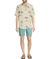 Caribbean Island Palm Print Short Sleeve Woven Shirt