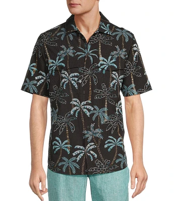 Caribbean Isle Breeze Performance Stretch Palm Print Short Sleeve Woven Shirt