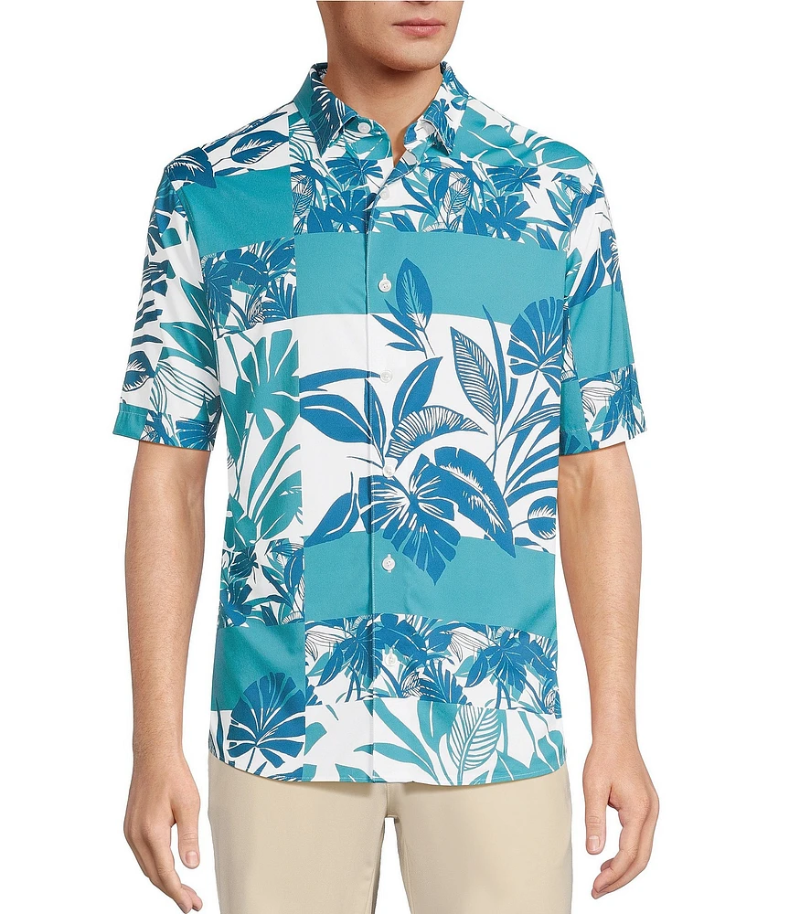 Caribbean Isle Breeze Performance Stretch Patchwork Tropical Print Short Sleeve Woven Shirt