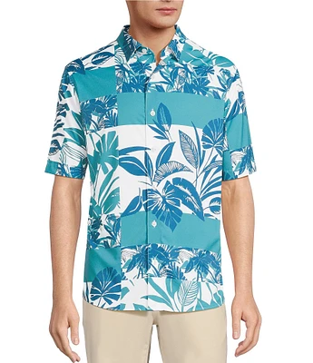 Caribbean Isle Breeze Performance Stretch Patchwork Tropical Print Short Sleeve Woven Shirt