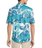 Caribbean Isle Breeze Performance Stretch Patchwork Tropical Print Short Sleeve Woven Shirt