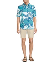 Caribbean Isle Breeze Performance Stretch Patchwork Tropical Print Short Sleeve Woven Shirt