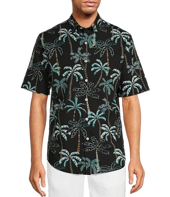 Caribbean Isle Breeze Palm Tree Printed Performance Stretch Short Sleeve Woven Shirt
