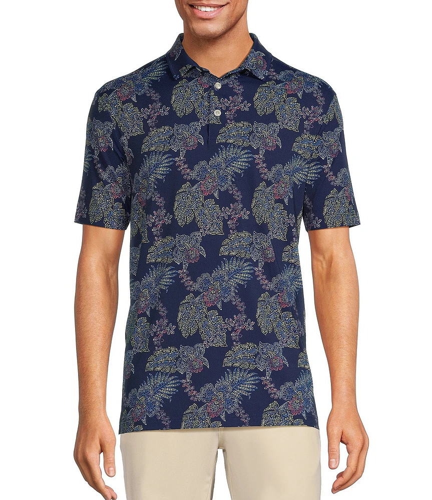 Caribbean Neon Leaf Print Performance Stretch Short Sleeve Polo Shirt
