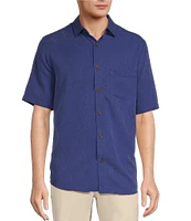 Caribbean Palm Paradise Jacquard Solid Short Sleeve Woven Shirt