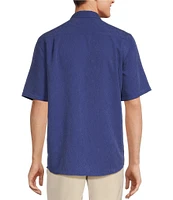 Caribbean Palm Paradise Jacquard Solid Short Sleeve Woven Shirt