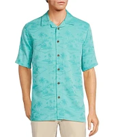 Caribbean Paradise Island Textured Short Sleeve Woven Camp Shirt