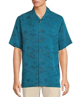 Caribbean Paradise Island Textured Short Sleeve Woven Camp Shirt